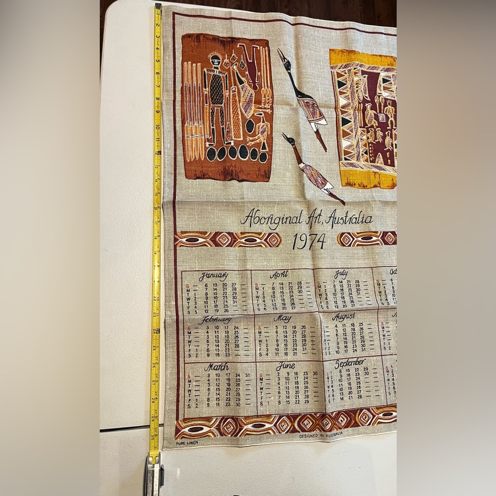 Vintage Aboriginal Art 1974 Calendar Tea Towel in Brown and Tan Pure Linen - Picture 9 of 10